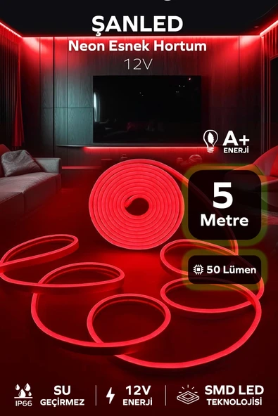 Neon 12 Volt Esnek Hortum led Kırmızı 5 Metre ürün görseli 1