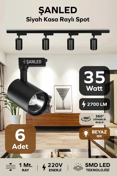 Led Siyah Kasa Beyaz Işık 35w Raylı Spot / 6 Adet 1 Metre Ray ürün görseli 1