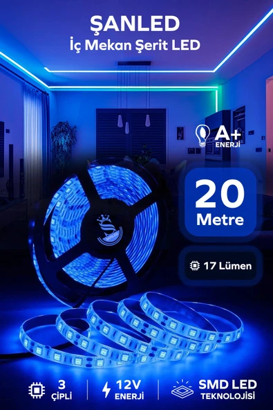 3 Çipli Iç Mekan Mavi Şerit Led 20 Metre ürün görseli 1