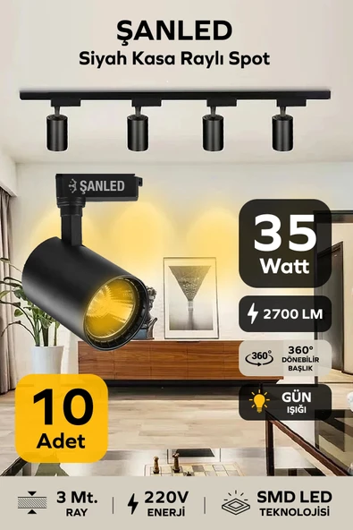 Led Siyah Kasa Gün Işığı 35w Raylı Spot 10 Adet 3 Metre Ray ürün görseli 1