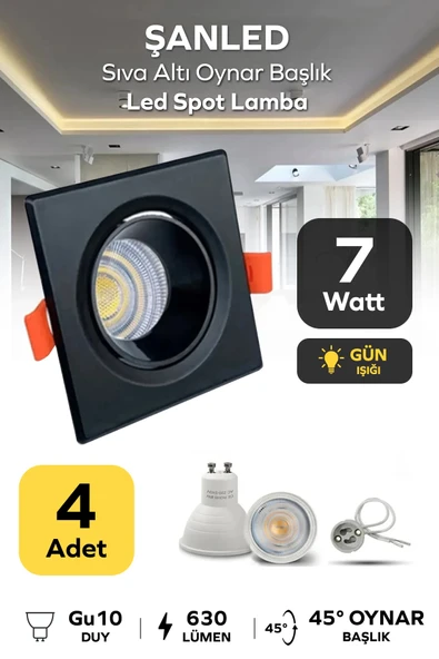 7w Sıva Altı Oynar Başlık Gu10 Siyah Kasa Gün Işığı Led Spot Lamba 4 Adet ürün görseli 1