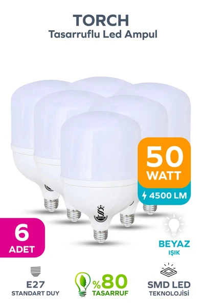 50w Tasarruflu E27 Beyaz Işık Torch Led Ampul 6 Adet ürün görseli 1