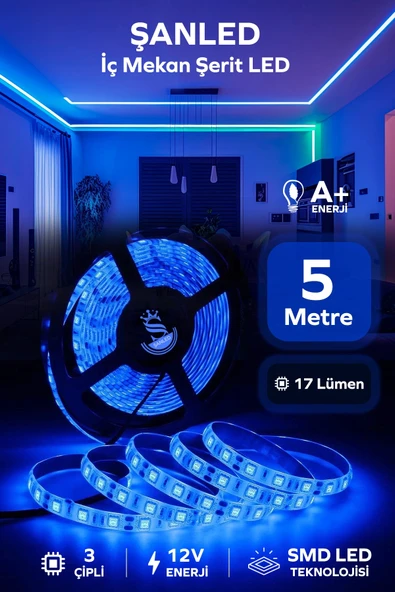 3 Çipli Iç Mekan Mavi Şerit Led 5 Metre ürün görseli 1