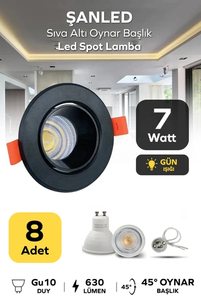 7w Sıva Altı Oynar Başlık Gu10 Yuvarlak Siyah Kasa Gün Işığı Led Spot Lamba 8 Adet ürün görseli 1