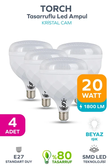20W KRİSTAL Tasarruflu E27 Beyaz Işık Torch Led Ampul 4 Adet ürün görseli 1