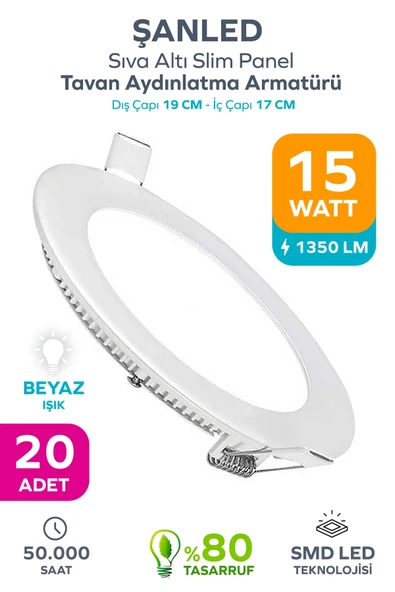 15w Tasarruflu Led Yuvarlak Beyaz Işık Sıva Altı Slim Panel Tavan Aydınlatma Armatürü 20 Adet ürün görseli 1