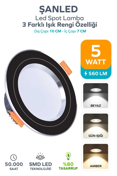 5W 3 Renkli ( Beyaz, Gün Işığı, Amber )Siyah Krom Kasa Led Spot Lamba 1 Adet ürün görseli 1