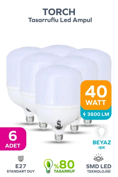40w Tasarruflu E27 Beyaz Işık Torch Led Ampul 6 Adet ürün görseli 1