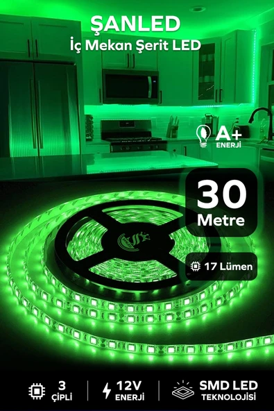 3 Çipli Iç Mekan Yeşil Şerit Led 30 Metre ürün görseli 1