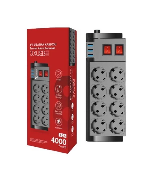 Zhltools Termal Akım Korumalı Isıya Karşı Dayanıklı 8li Priz Kablo Uzunluğu 2 mt 3 x Usb ürün görseli 1