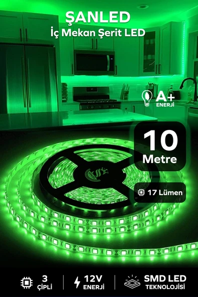 3 Çipli Iç Mekan Yeşil Şerit Led 10 Metre ürün görseli 1