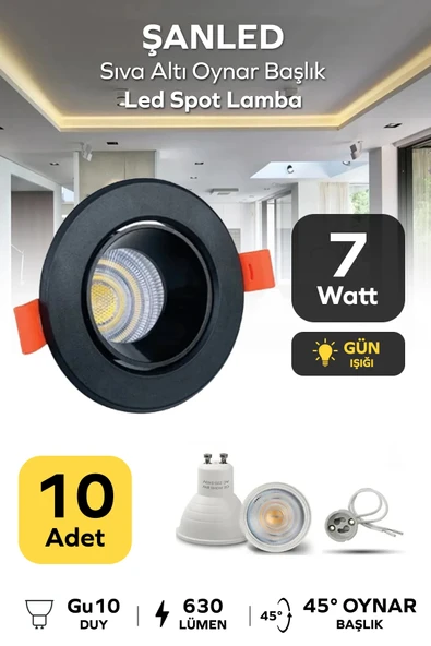 7w Sıva Altı Oynar Başlık Gu10 Yuvarlak Siyah Kasa Gün Işığı Led Spot Lamba 10 Adet ürün görseli 1