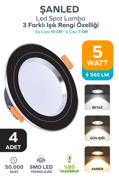 5W 3 Renkli ( Beyaz, Gün Işığı, Amber )Siyah Krom Kasa Led Spot Lamba 4 Adet ürün görseli 1
