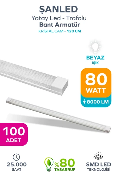 80W 120 Cm KRİSTAL Yatay LED Bant Armatür-Trafolu Beyaz Işık 100 Adet ürün görseli 1