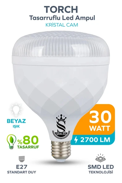 30W KRİSTAL Tasarruflu E27 Beyaz Işık Torch Led Ampul 1 Adet ürün görseli 1