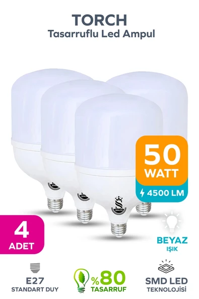 50w Tasarruflu E27 Beyaz Işık Torch Led Ampul 4 Adet ürün görseli 1