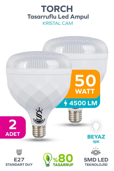 50W KRİSTAL Tasarruflu E27 Beyaz Işık Torch Led Ampul 2 Adet ürün görseli 1