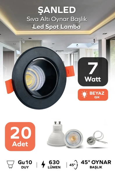 7w Sıva Altı Oynar Başlık Gu10 Yuvarlak Siyah Kasa Beyaz Işık Led Spot Lamba 20 Adet ürün görseli 1