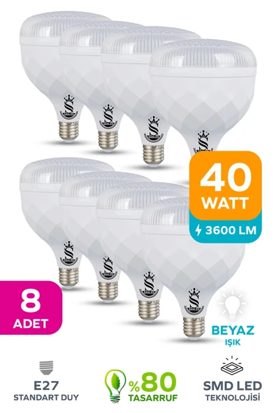 40W KRİSTAL Tasarruflu E27 Beyaz Işık Torch Led Ampul 8 Adet ürün görseli 1