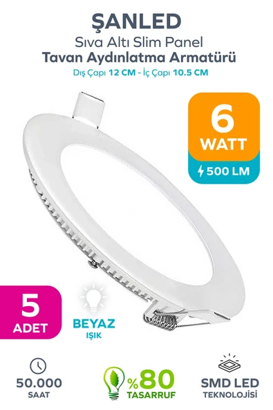 6w Tasarruflu Led Yuvarlak Beyaz Işık Sıva Altı Slim Panel Tavan Aydınlatma Armatürü 5 Adet ürün görseli 1