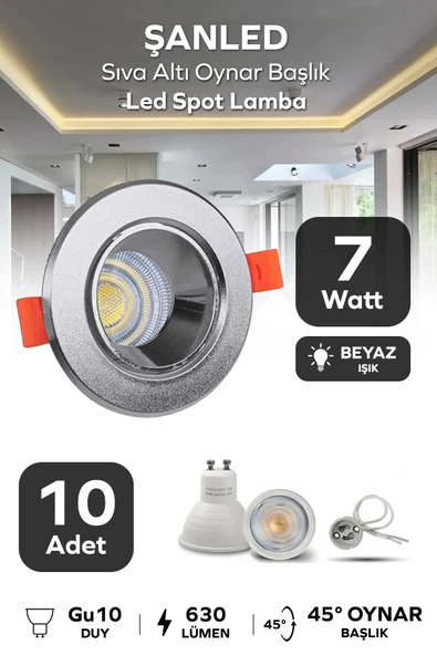 7w Sıva Altı Oynar Başlık Gu10 Yuvarlak Krom Kasa Beyaz Işık Led Spot Lamba 10 Adet ürün görseli 1