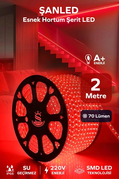 Hortum Esnek 220V Şerit Led Kırmızı 2 Metre ürün görseli 1