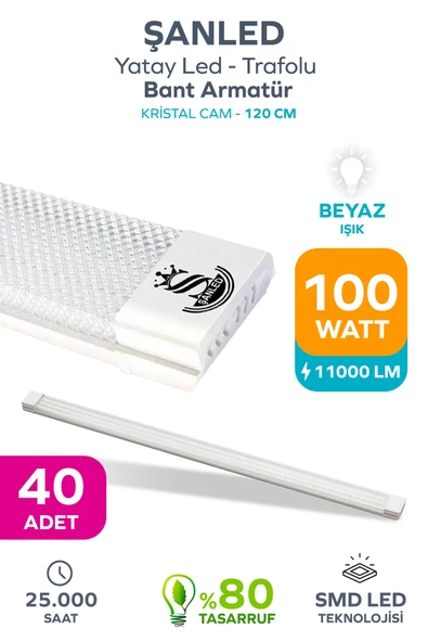 100Wat 120 cm KRİSTAL Yatay LED Bant Armatür-Trafolu Beyaz Işık 40 Adet ürün görseli 1