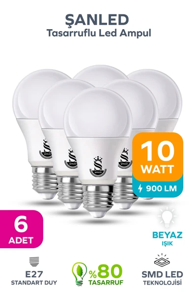 10W Tasarruflu Beyaz Işık Led Ampul 6 Adet ürün görseli 1