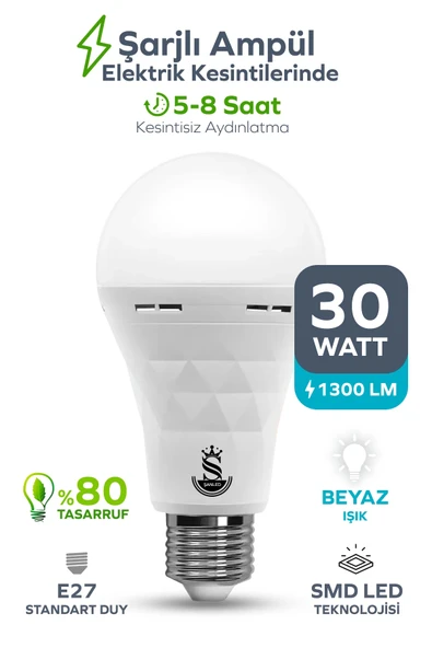Şarjlı Akülü 30w Beyaz Işık Led Ampul 1 Adet ürün görseli 1