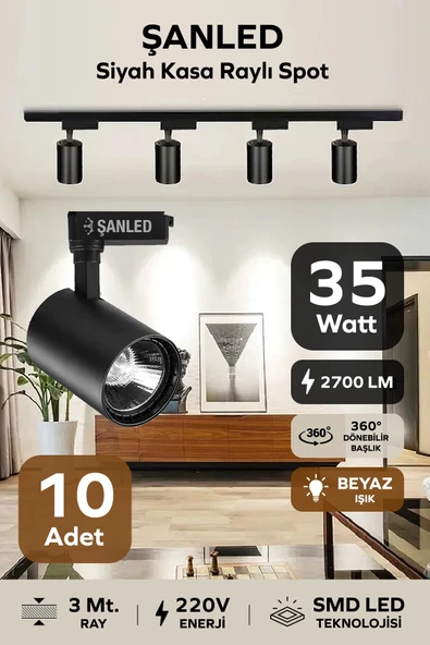 Led Siyah Kasa Beyaz Işık 35w Raylı Spot / 10 Adet 3 Metre Ray ürün görseli 1