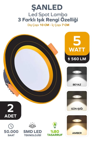 5W 3 Renkli (Beyaz,Günışığı,Amber) Siyah Gold Kasa Led Spot Lamba 2 Adet ürün görseli 1