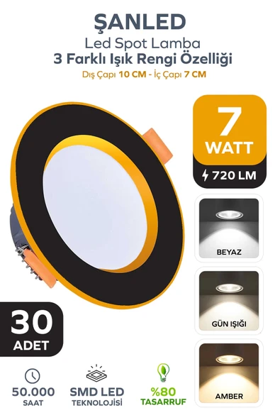7W 3 Renkli (Beyaz, Gün Işığı, İkisi bir arada) Siyah Gold Led Spot Lamba 30 Adet ürün görseli 1