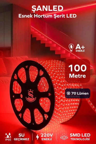 Hortum Esnek 220V Şerit Led Kırmızı 100 Metre ürün görseli 1