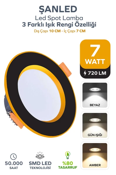 7W 3 Renkli (Beyaz, Gün Işığı, İkisi bir arada) Siyah Gold Led Spot Lamba 1 Adet ürün görseli 1