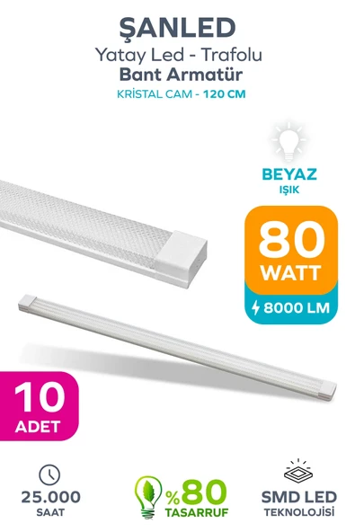 80W 120 Cm KRİSTAL Yatay LED Bant Armatür-Trafolu Beyaz Işık 10 Adet ürün görseli 1