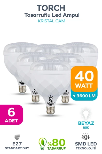 40W KRİSTAL Tasarruflu E27 Beyaz Işık Torch Led Ampul 6 Adet ürün görseli 1