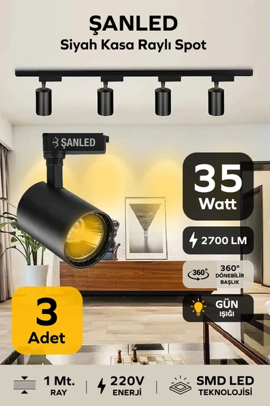 Led Siyah Kasa Gün Işığı 35w Raylı Spot 3 Adet 1 Metre Ray ürün görseli 1