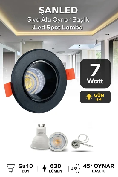 7w Sıva Altı Oynar Başlık Gu10 Yuvarlak Siyah Kasa Gün Işığı Led Spot Lamba 1 Adet ürün görseli 1