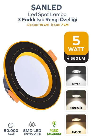 5W 3 Renkli (Beyaz,Günışığı,Amber) Siyah Gold Kasa Led Spot Lamba 1 Adet ürün görseli 1