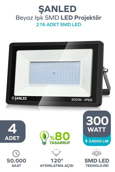 300W 24.000 Lümen 6500k Beyaz Işık Smd Led Projektör 4 Adet ürün görseli 1