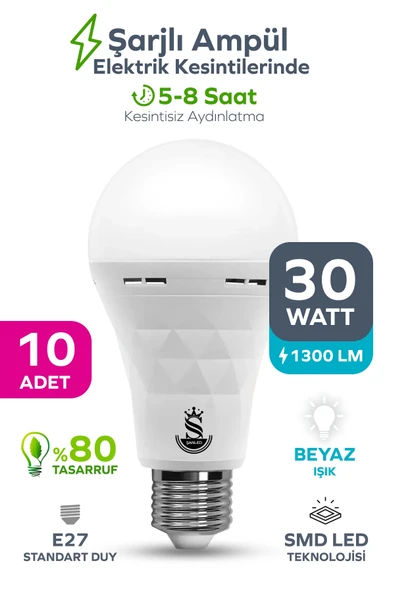Şarjlı Akülü 30w Beyaz Işık Led Ampul 10 Adet ürün görseli 1