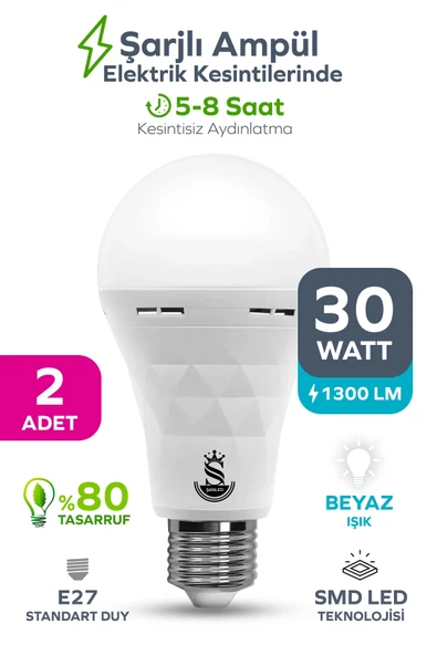 Şarjlı Akülü 30w Beyaz Işık Led Ampul 2 Adet ürün görseli 1