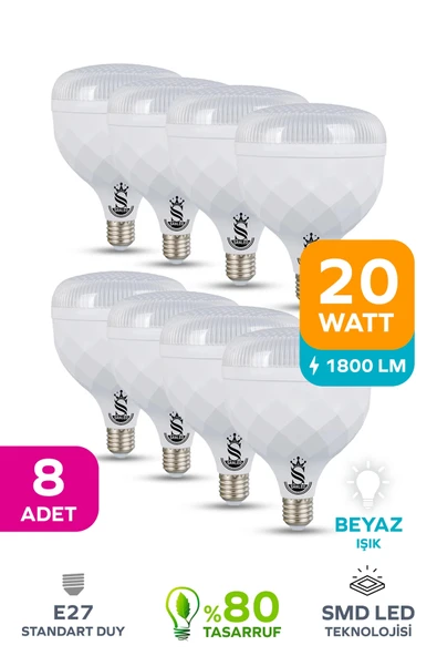 20W KRİSTAL Tasarruflu E27 Beyaz Işık Torch Led Ampul 8 Adet ürün görseli 1