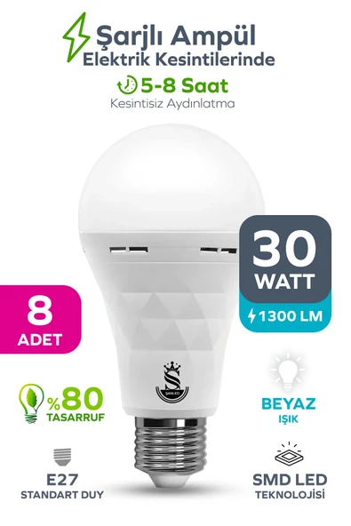 Şarjlı Akülü 30w Beyaz Işık Led Ampul 8 Adet ürün görseli 1