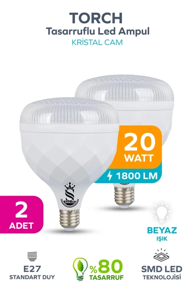 20W KRİSTAL Tasarruflu E27 Beyaz Işık Torch Led Ampul 2 Adet ürün görseli 1