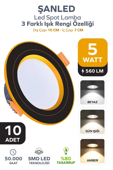 5W 3 Renkli (Beyaz,Günışığı,Amber) Siyah Gold Kasa Led Spot Lamba 10 Adet ürün görseli 1