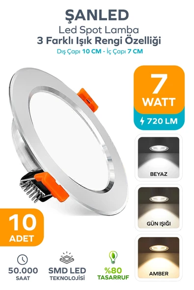 3 Renkli Beyaz Gün Işığı İkisi Bir Arada 7w Led Spot Lamba 10 Adet ürün görseli 1
