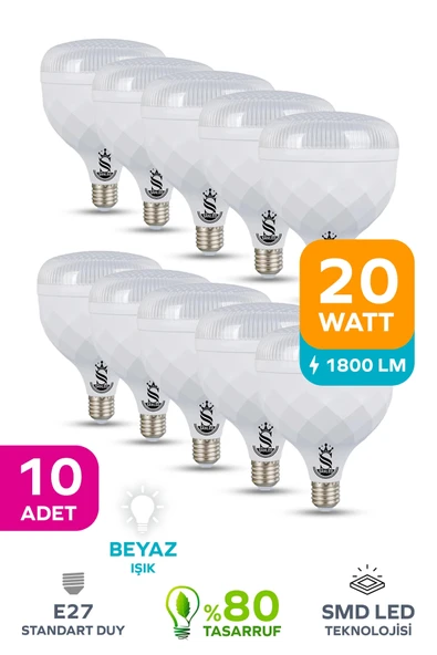 20W KRİSTAL Tasarruflu E27 Beyaz Işık Torch Led Ampul 10 Adet ürün görseli 1