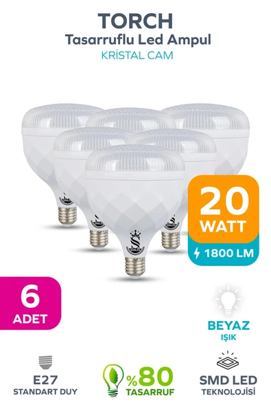 20W KRİSTAL Tasarruflu E27 Beyaz Işık Torch Led Ampul 6 Adet ürün görseli 1