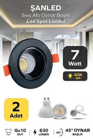 7w Sıva Altı Oynar Başlık Gu10 Yuvarlak Siyah Kasa Gün Işığı Led Spot Lamba 2 Adet ürün görseli 1
